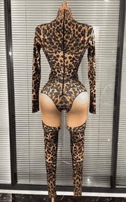 Azi leopard print rhinestone two piece performance outfit for women. Sexy clubwear for stage, DJ sets, and nightlife events.