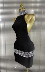 Shine in the Sweyn crystal bodycon mini dress. Sexy backless off-the-shoulder party dress for birthdays, cocktails, and special events.