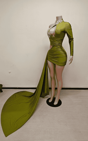Olive green ruched cutout mini dress with train for party and celebration styling