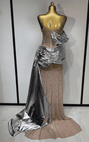 Julianne Luxury Strapless Rhinestone Sheer Mesh Maxi Long Dress