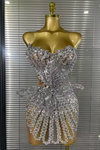 Gabrielle strapless sheer mesh mini dress featuring sparkling crystal embellishments and lace-up detailing