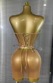Gabrielle strapless sheer mesh mini dress featuring sparkling crystal embellishments and lace-up detailing