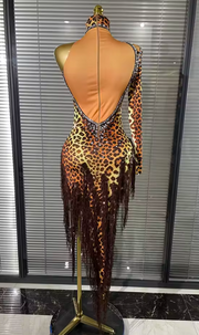 A leopard-print dance dress displayed on a gold mannequin from the back, featuring a long orange satin back panel, a one-shoulder sleeve with rhinestone trim, and a long fringe skirt, set against a background of window blinds.