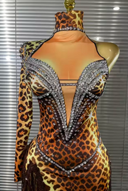 A leopard-print ballroom dance costume displayed on a mannequin torso, featuring a plunging V-neckline heavily embellished with silver rhinestones, a long sleeve, and a matching rhinestone-accented collar.