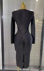 Gwen long sleeve O-neck bandage midi dress featuring a fitted bodycon silhouette for an elegant evening look
