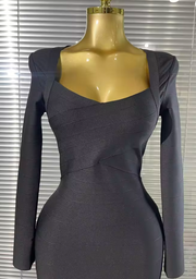 Gwen long sleeve O-neck bandage midi dress featuring a fitted bodycon silhouette for an elegant evening look