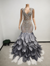 Envious Designs luxury silver long cocktail prom dress with rhinestone beaded tassel feather detailing