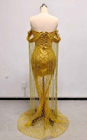 Gilded Goddess Off-The-Shoulder Gold Corset Gown With Beaded Fringe And Lattice Mesh Skirt