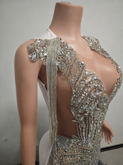 Envious Designs luxury silver long cocktail prom dress with rhinestone beaded tassel feather detailing