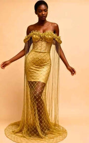 Gilded Goddess Off-The-Shoulder Gold Corset Gown With Beaded Fringe And Lattice Mesh Skirt