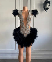 Fitted Women Birthday Party Dresses Beading Sequin Short Feathers Prom Gowns Customizable Girls Abiti Da Cocktail