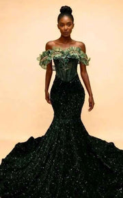 Emerald Enchantment Sequin Mermaid Gown With 3D Leaf-Appliqué Off-The-Shoulder Neckline