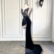 Black Velvet Beaded Embroidery Prom Dress