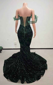 Emerald Enchantment Sequin Mermaid Gown With 3D Leaf-Appliqué Off-The-Shoulder Neckline