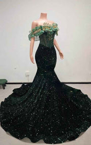Emerald Enchantment Sequin Mermaid Gown With 3D Leaf-Appliqué Off-The-Shoulder Neckline