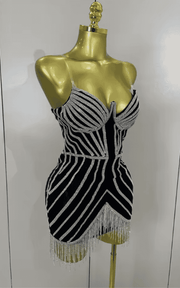 Gianna shiny diamond chain strapless bodycon mini dress. Sexy luxury outfit for birthdays, club nights, and evening party events.