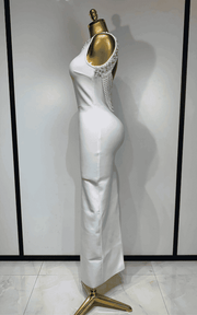 Malia elegant diamond pearl backless bandage dress for women. Perfect for evening parties, weddings, prom, and luxury special events.