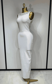 Malia elegant diamond pearl backless bandage dress for women. Perfect for evening parties, weddings, prom, and luxury special events.