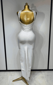 Malia elegant diamond pearl backless bandage dress for women. Perfect for evening parties, weddings, prom, and luxury special events.