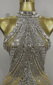 Kai Sexy Sparkly Silver Rhinestone Mesh See Through Mini Dress