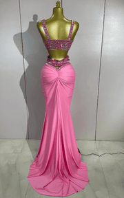 Sparkly pink rhinestone two-piece long dress set with sleeveless fitted design and glamorous shine