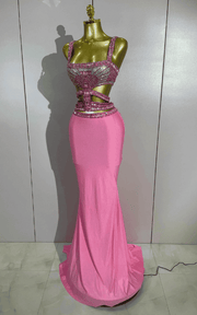 Sparkly pink rhinestone two-piece long dress set with sleeveless fitted design and glamorous shine