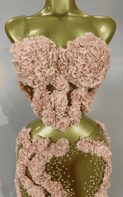 Sparkly rhinestone flower two-piece mesh set with sexy see-through design and fitted silhouette