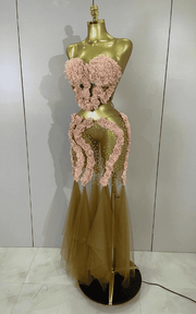 Sparkly rhinestone flower two-piece mesh set with sexy see-through design and fitted silhouette