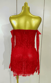 Mya strapless backless red lace bodycon mini dress with gloves. Sexy split party outfit for birthdays, nightlife, and events.
