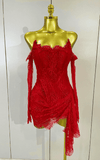 Mya strapless backless red lace bodycon mini dress with gloves. Sexy split party outfit for birthdays, nightlife, and events.