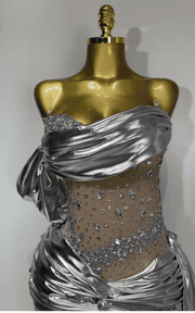 Julianne Luxury Strapless Rhinestone Sheer Mesh Maxi Long Dress