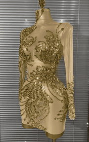 Stephanie Sparkly Golden Crystal Sleeveless O Neck Sheer Mesh Bodycon Mini Dress