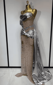 Julianne Luxury Strapless Rhinestone Sheer Mesh Maxi Long Dress