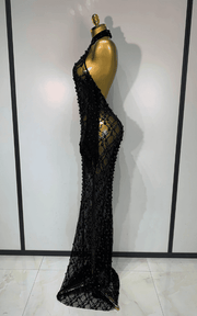 Zarrah Sleeveless Pearl Lace Sheer Mesh Black Maxi Dress