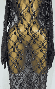 Zarrah Sleeveless Pearl Lace Sheer Mesh Black Maxi Dress