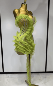 Karina Sparkly Green Rhinestone Sheer Mesh Ruffle Mini Dress