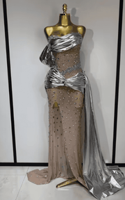 Julianne Luxury Strapless Rhinestone Sheer Mesh Maxi Long Dress