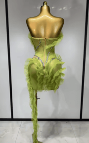 Karina Sparkly Green Rhinestone Sheer Mesh Ruffle Mini Dress