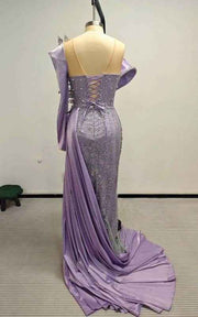 Lavender Crystal-Encrusted Mermaid Gown With Architectural Satin Drape And Silver Leaf Embroidery