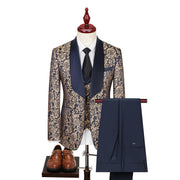 Luxury men’s woven pattern 3-piece formal suit with blazer, vest, and trousers for weddings or events