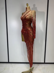 Alice red mesh mini dress with see-through fabric, sparkly diamonds, and sequins for a luxury birthday outfit.