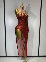 Alice red mesh mini dress with see-through fabric, sparkly diamonds, and sequins for a luxury birthday outfit.