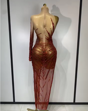 Alice red mesh mini dress with see-through fabric, sparkly diamonds, and sequins for a luxury birthday outfit.