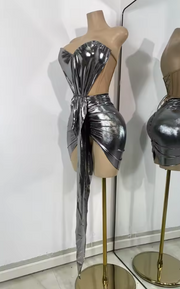 Latifa two-piece high street set featuring a strapless crop top and matching skirt for a modern birthday outfit.