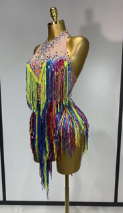 Tabia backless luxury bodysuit encrusted with sparkly rhinestones and long tassels for a glamorous birthday or stage outfit.