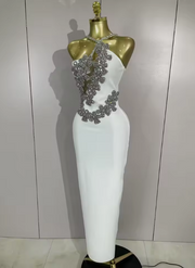 Bianca white backless bandage mini dress featuring a bodycon fit and hand-applied sparkly crystal diamonds.