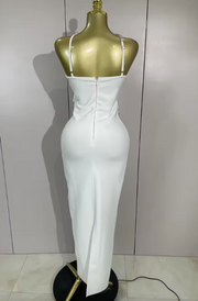 Bianca white backless bandage mini dress featuring a bodycon fit and hand-applied sparkly crystal diamonds.