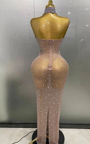 Amanda Sparkly Silver Rhinestone Sheer Mesh Long Evening Dress