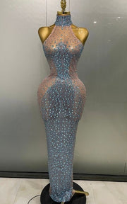 Amanda Sparkly Silver Rhinestone Sheer Mesh Long Evening Dress