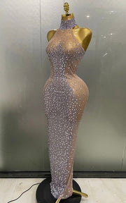 Amanda Sparkly Silver Rhinestone Sheer Mesh Long Evening Dress